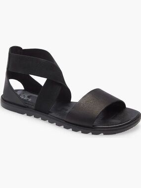 SOREL Ella II Black Leather Flat Sandals